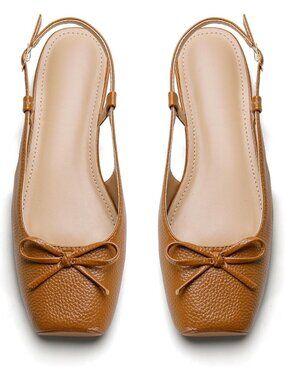 Women's Brown Stone Slingback Square Toe Bow Knit Ankle Buckle Satin Ballet Flat
